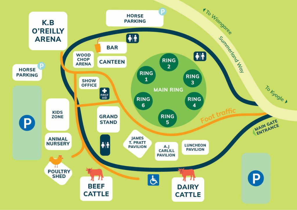 A map of the Kyogle show showgrounds showing all the main areas.